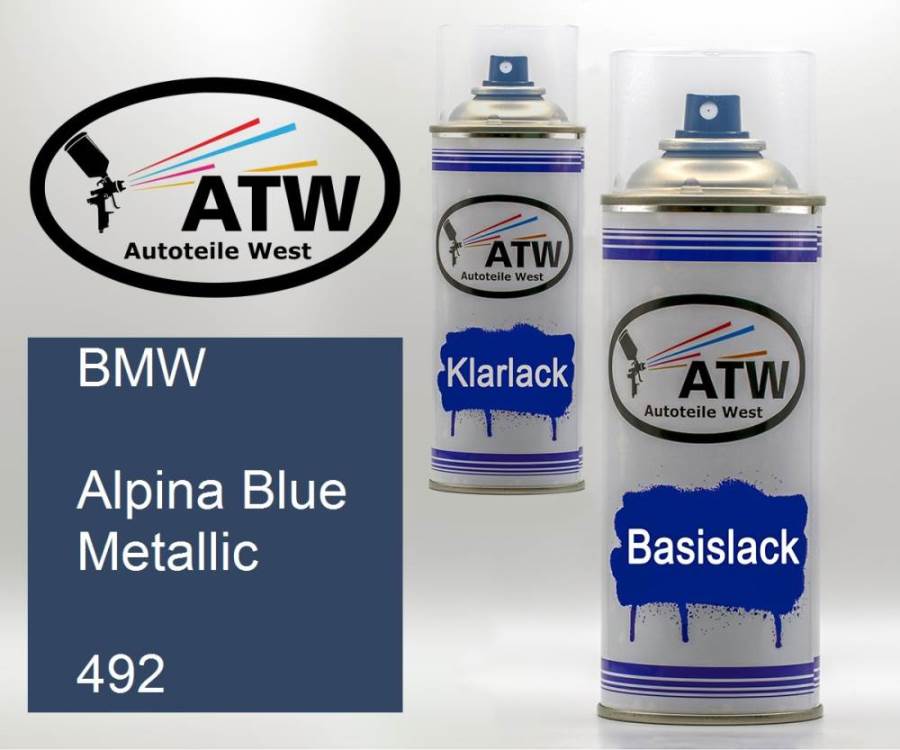 BMW, Alpina Blue Metallic, 492: 400ml Sprühdose + 400ml Klarlack - Set, von ATW Autoteile West.